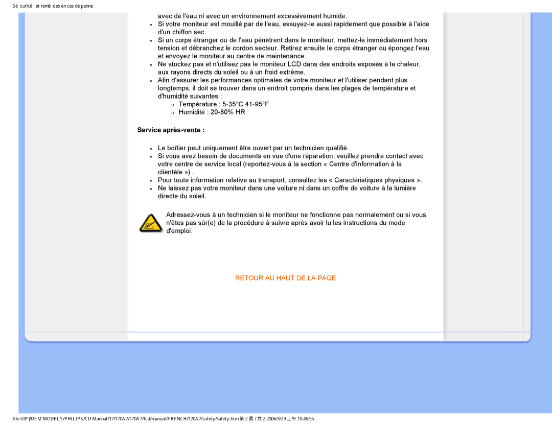 Philips 170A7 user manual Service après-vente, Retour AU Haut DE LA 
