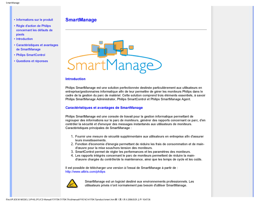 Philips 170A7 user manual Introduction, Caractéristiques et avantages de SmartManage 