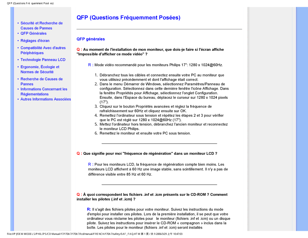 Philips 170A7 user manual QFP Questions Fréquemment Posées, QFP générales 