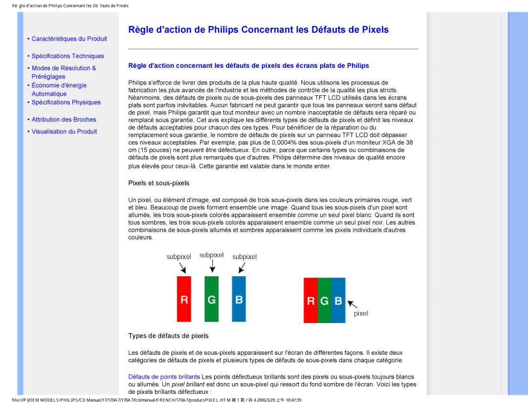 Philips 170A7 user manual Règle daction de Philips Concernant les Défauts de Pixels, Pixels et sous-pixels 