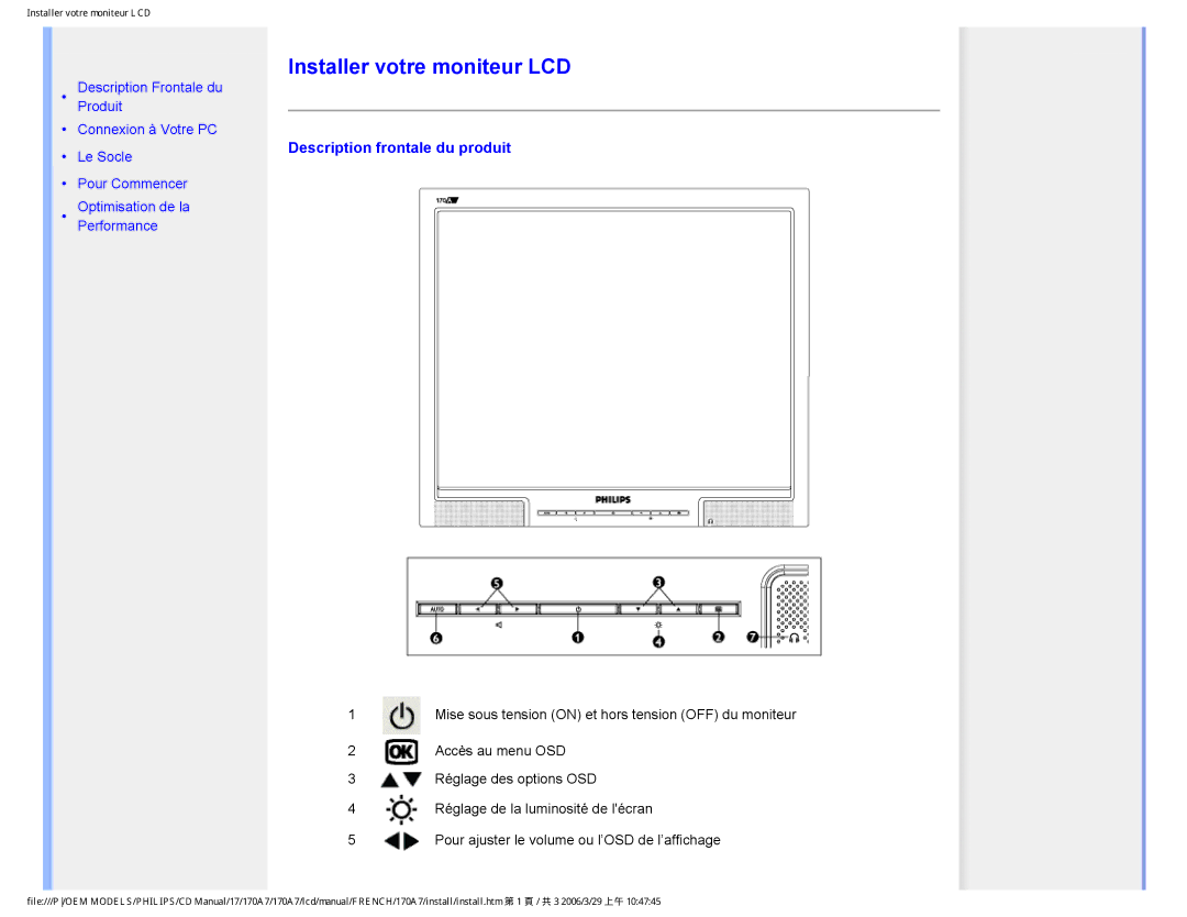 Philips 170A7 user manual Installer votre moniteur LCD, Description frontale du produit 