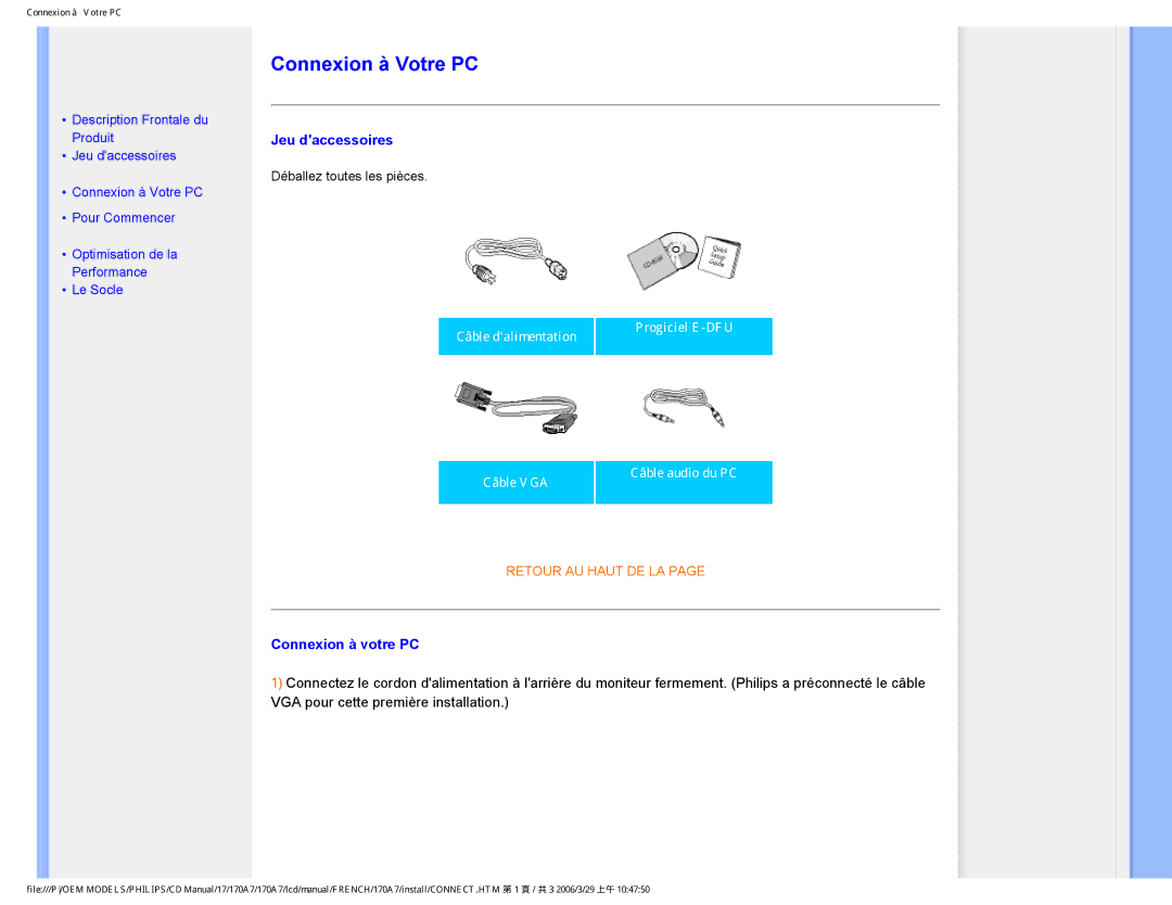 Philips 170A7 user manual Connexion à Votre PC 