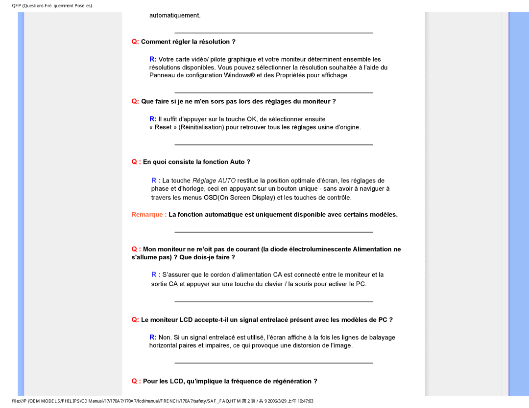 Philips 170A7 user manual Comment régler la résolution ?, En quoi consiste la fonction Auto ? 