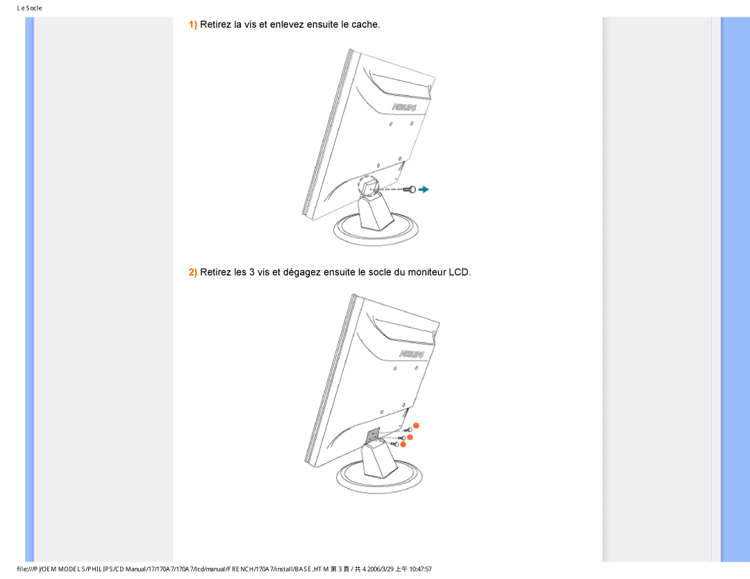 Philips 170A7 user manual Le Socle 