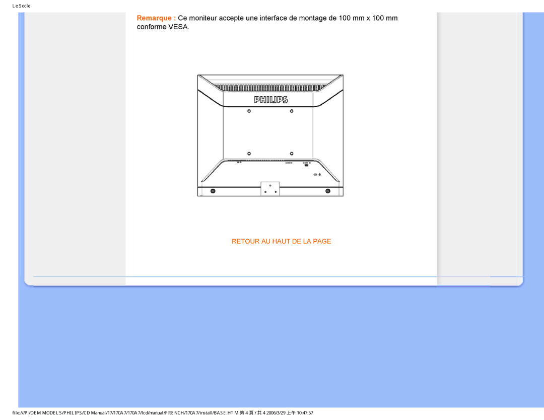 Philips 170A7 user manual Retour AU Haut DE LA 