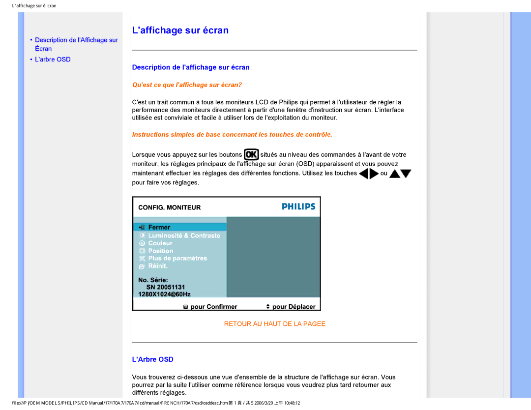 Philips 170A7 user manual Laffichage sur écran, Description de laffichage sur écran, LArbre OSD 