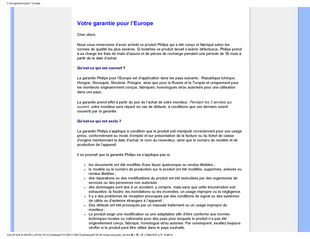 Philips 170A7 user manual Votre garantie pour l’Europe, Qu’est-ce qui est couvert ? 