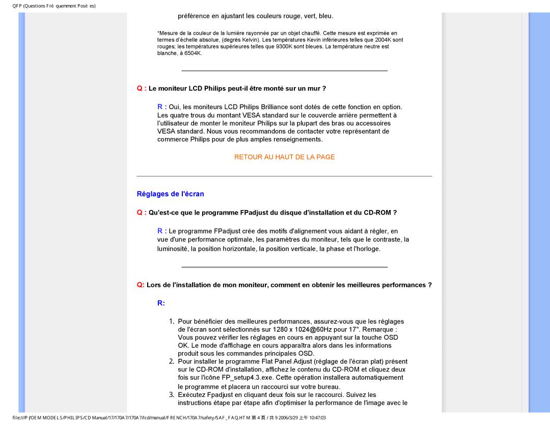 Philips 170A7 user manual Réglages de lécran, Le moniteur LCD Philips peut-il être monté sur un mur ? 