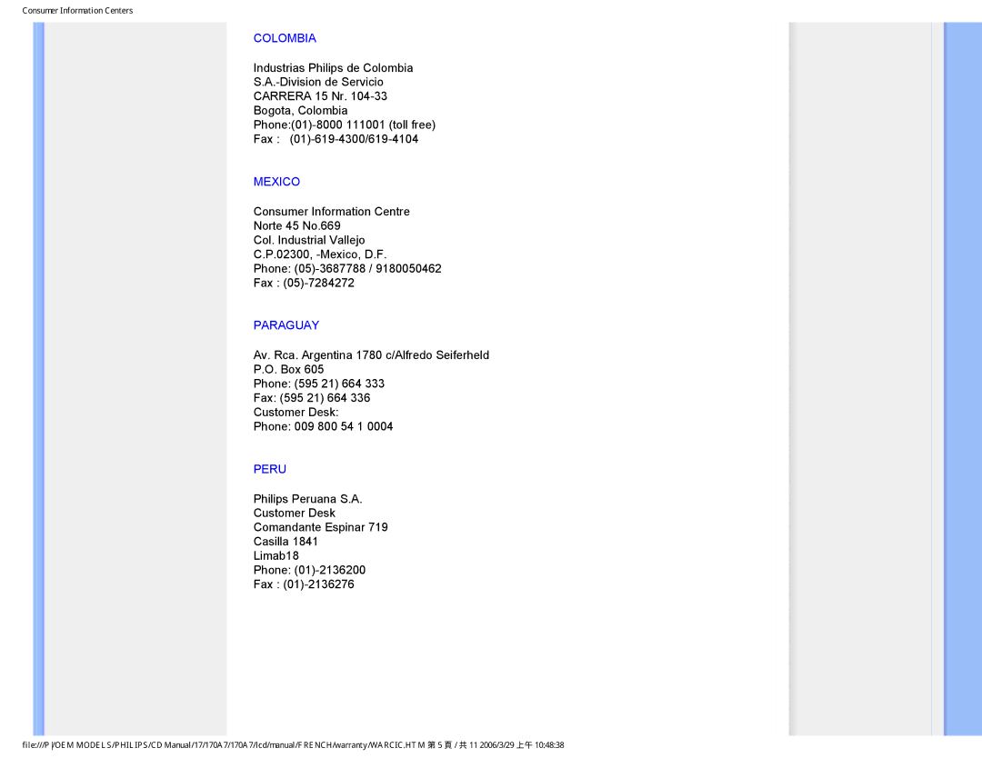 Philips 170A7 user manual Colombia, Mexico, Paraguay, Peru 