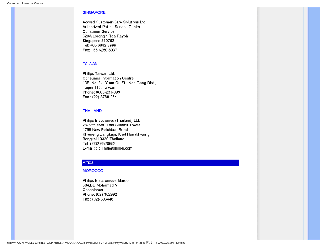 Philips 170A7 user manual Singapore, Taiwan, Thailand, Morocco 