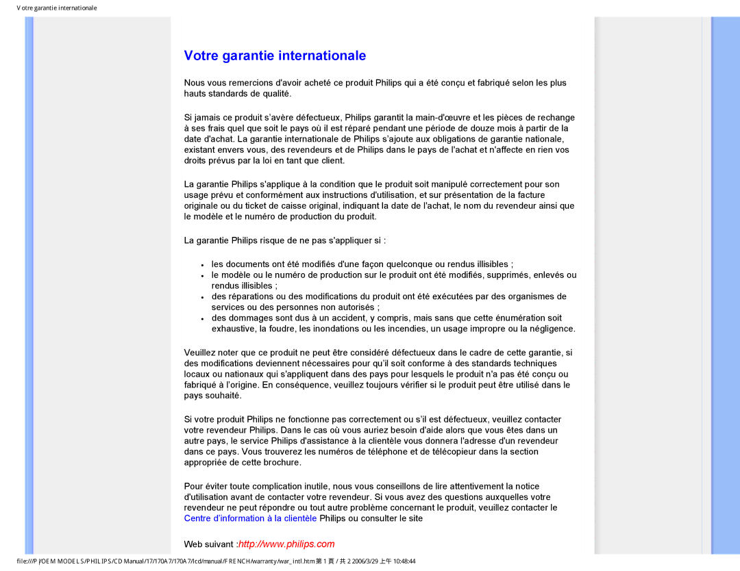 Philips 170A7 user manual Votre garantie internationale 