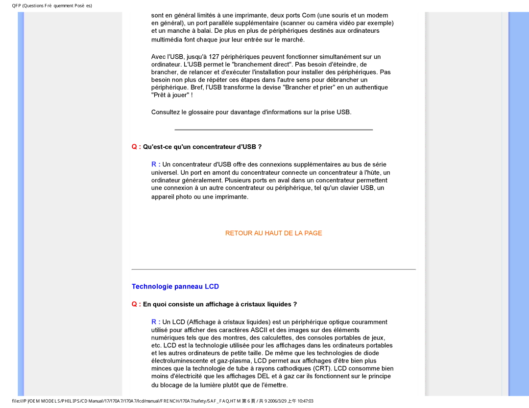 Philips 170A7 user manual Technologie panneau LCD, Quest-ce quun concentrateur dUSB ? 