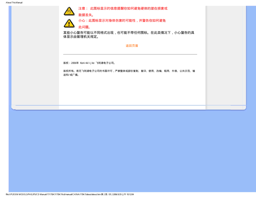 Philips 170A7 user manual 某些小心警告可能以不同格式出现，也可能不带任何图标。在此类情况下，小心警告的具 体显示由管理机关规定。, 版权：2006年 Koninklijke 飞利浦电子公司。 