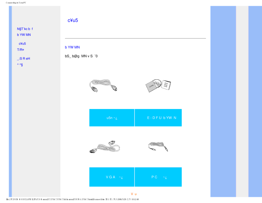 Philips 170A7 user manual 连接电脑, 成套配件 