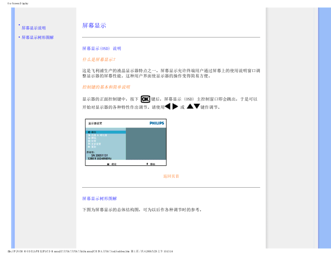 Philips 170A7 user manual 屏幕显示osd 说明, 屏幕显示树形图解, 下图为屏幕显示的总体结构图，可为以后作各种调节时的参考。 