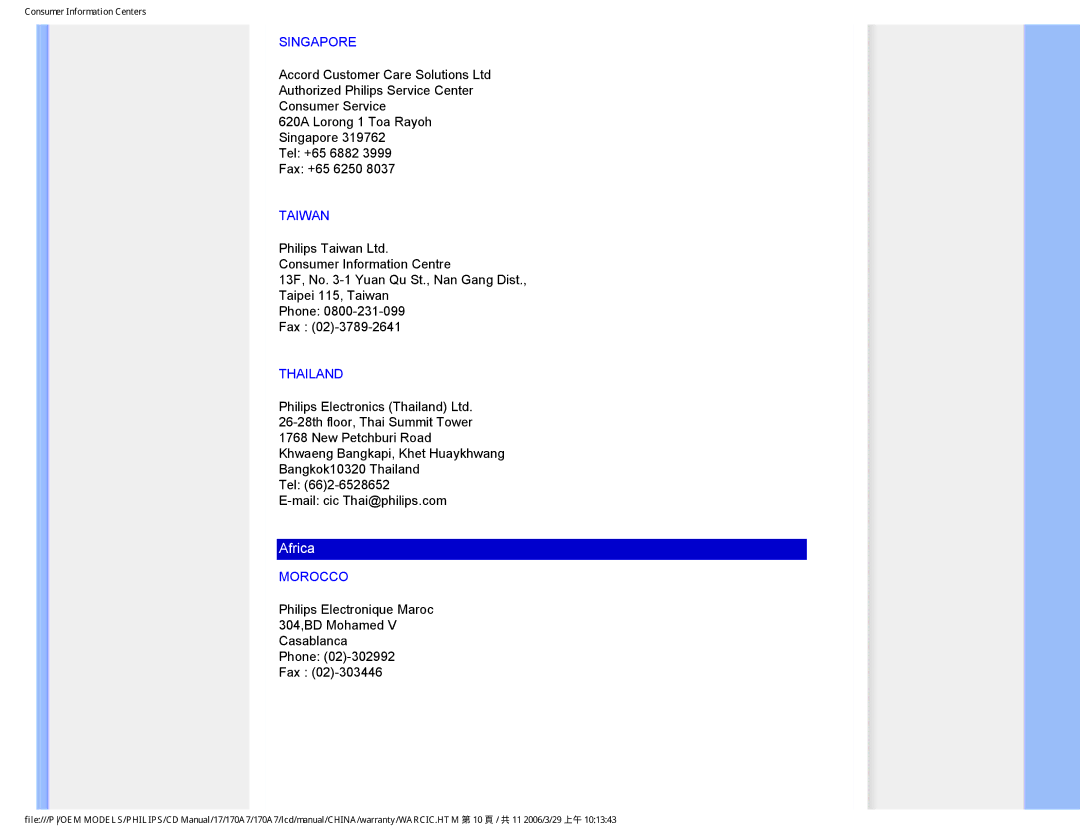 Philips 170A7 user manual Singapore, Taiwan, Thailand, Morocco 