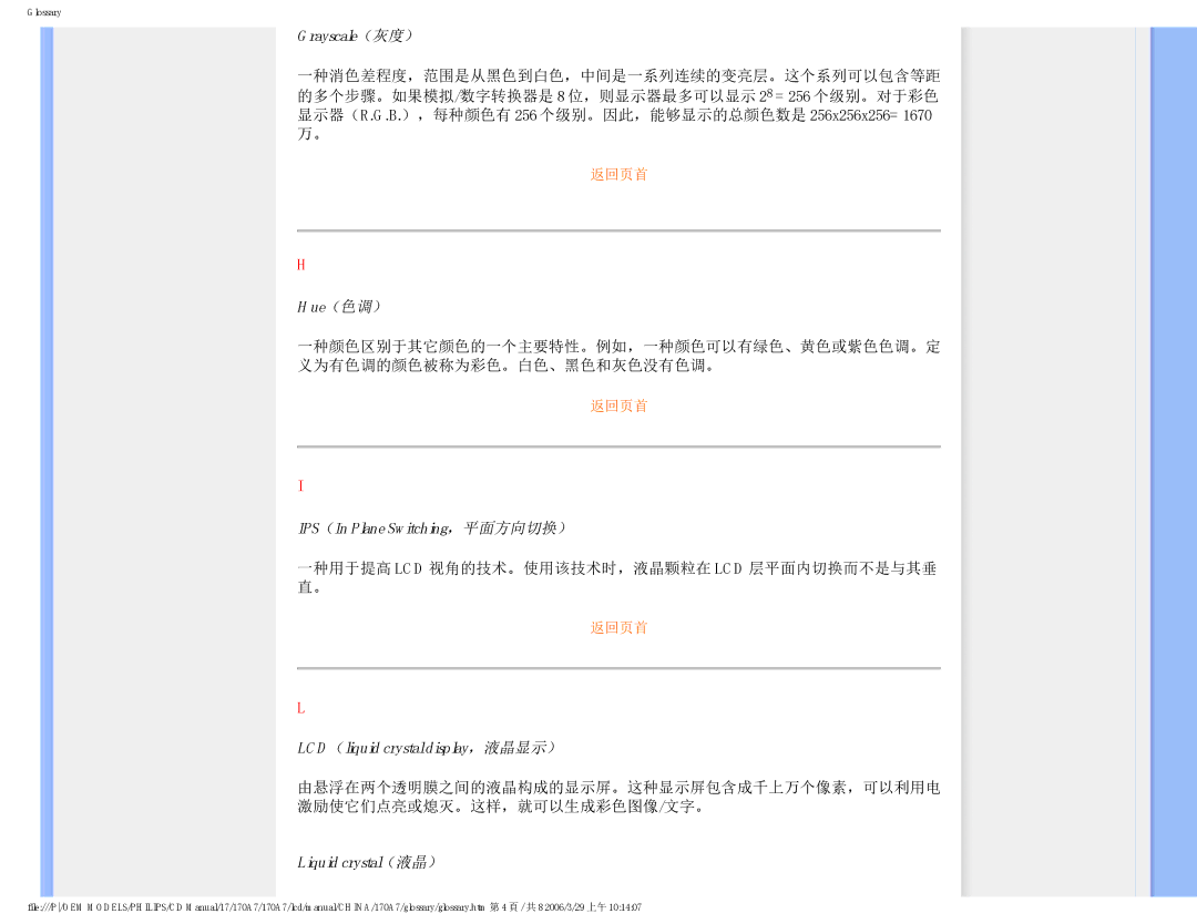 Philips 170A7 Grayscale（灰度）, Hue（色调）, IPS（In Plane Switching，平面方向切换）, LCD（liquid crystal display，液晶显示）, Liquid crystal（液晶） 