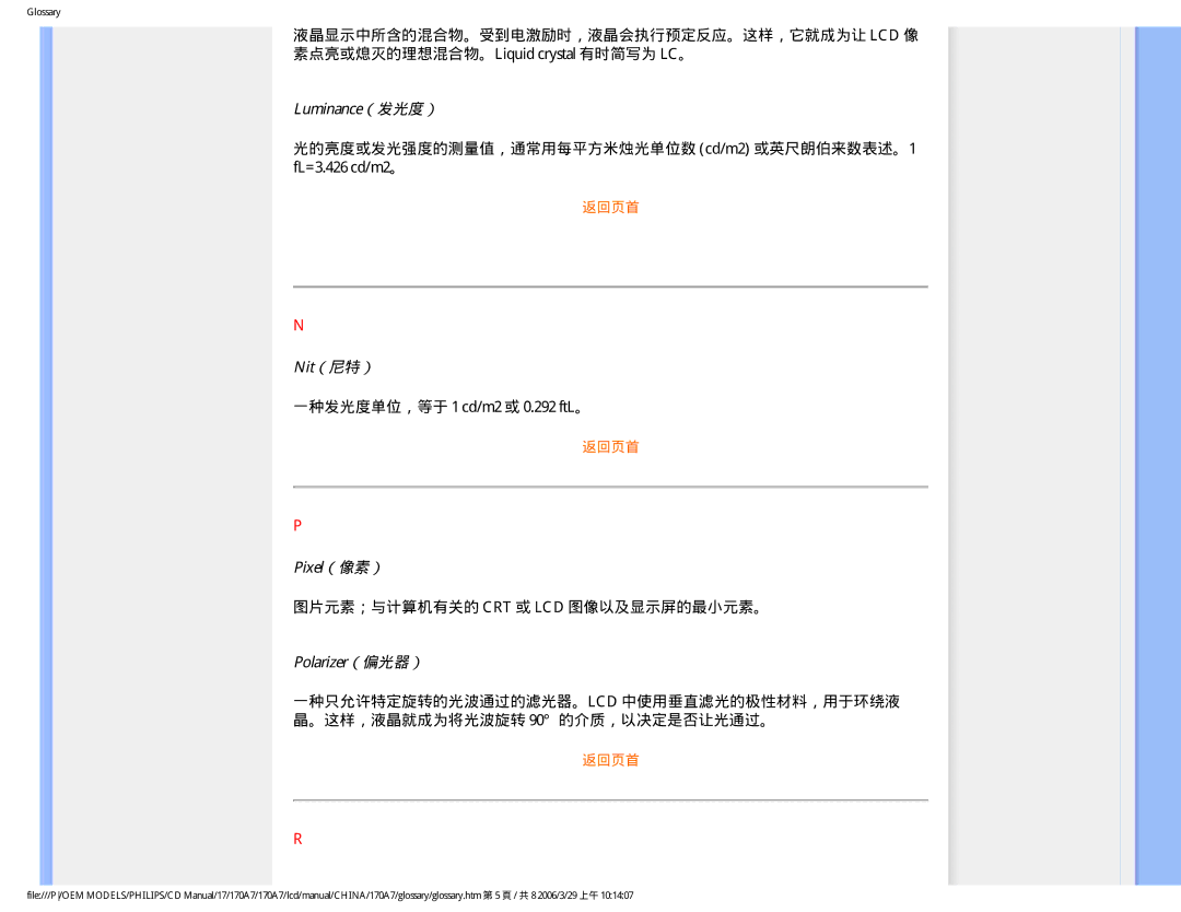 Philips 170A7 user manual Luminance（发光度）, Nit（尼特）, Pixel（像素）, Polarizer（偏光器） 