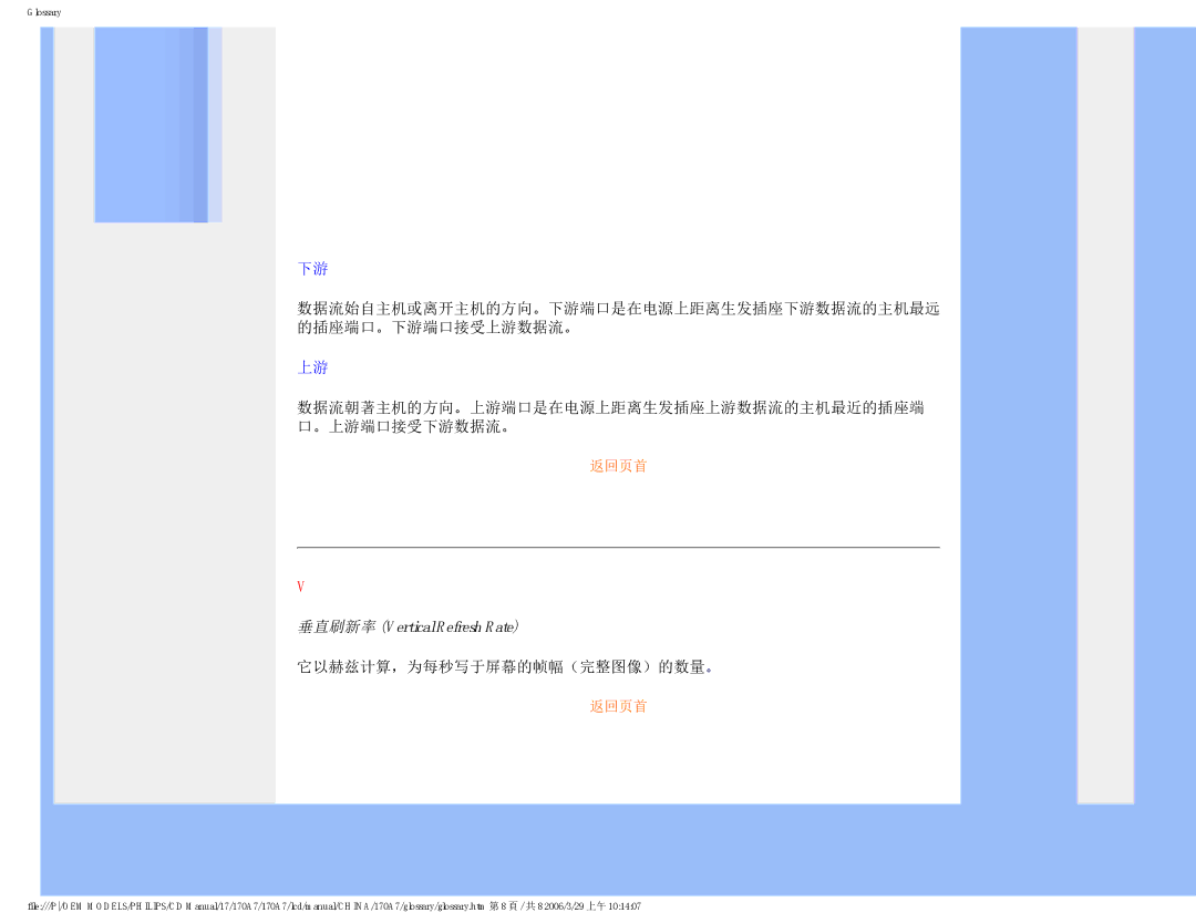 Philips 170A7 user manual 垂直刷新率 Vertical Refresh Rate, 它以赫兹计算，为每秒写于屏幕的帧幅（完整图像）的数量。 