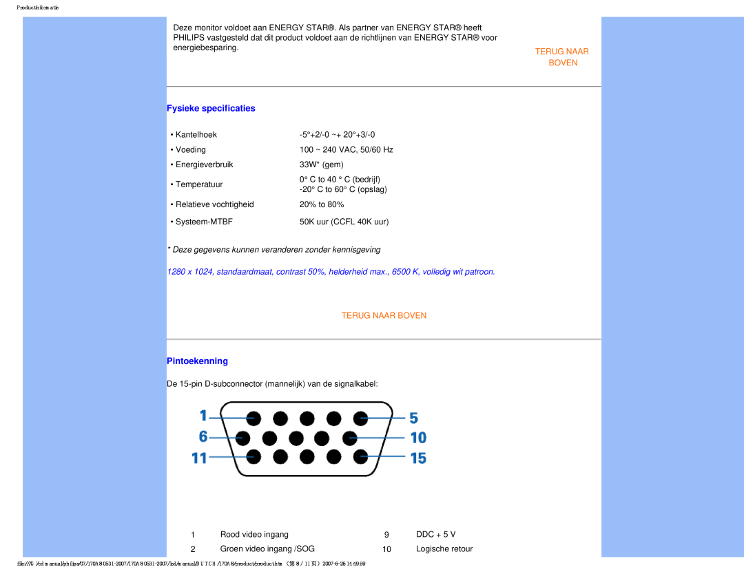 Philips 170A8 user manual Fysieke specificaties, Pintoekenning, Pinnr, Signaal, Terug Naar Boven 