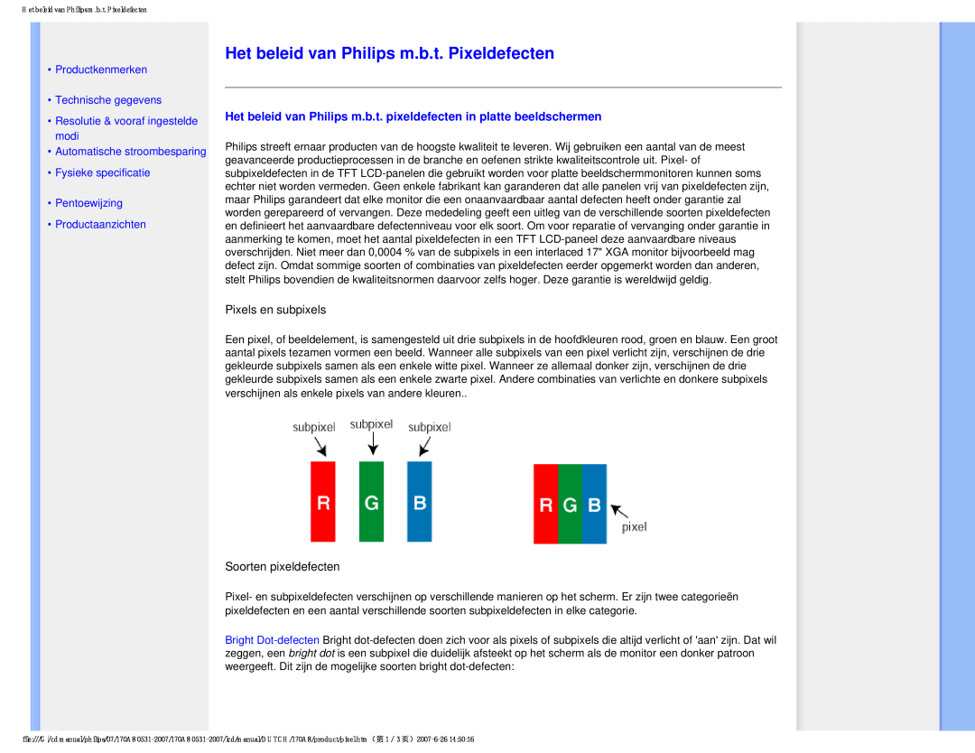 Philips 170A8 user manual Het beleid van Philips m.b.t. Pixeldefecten, Productkenmerken Technische gegevens 
