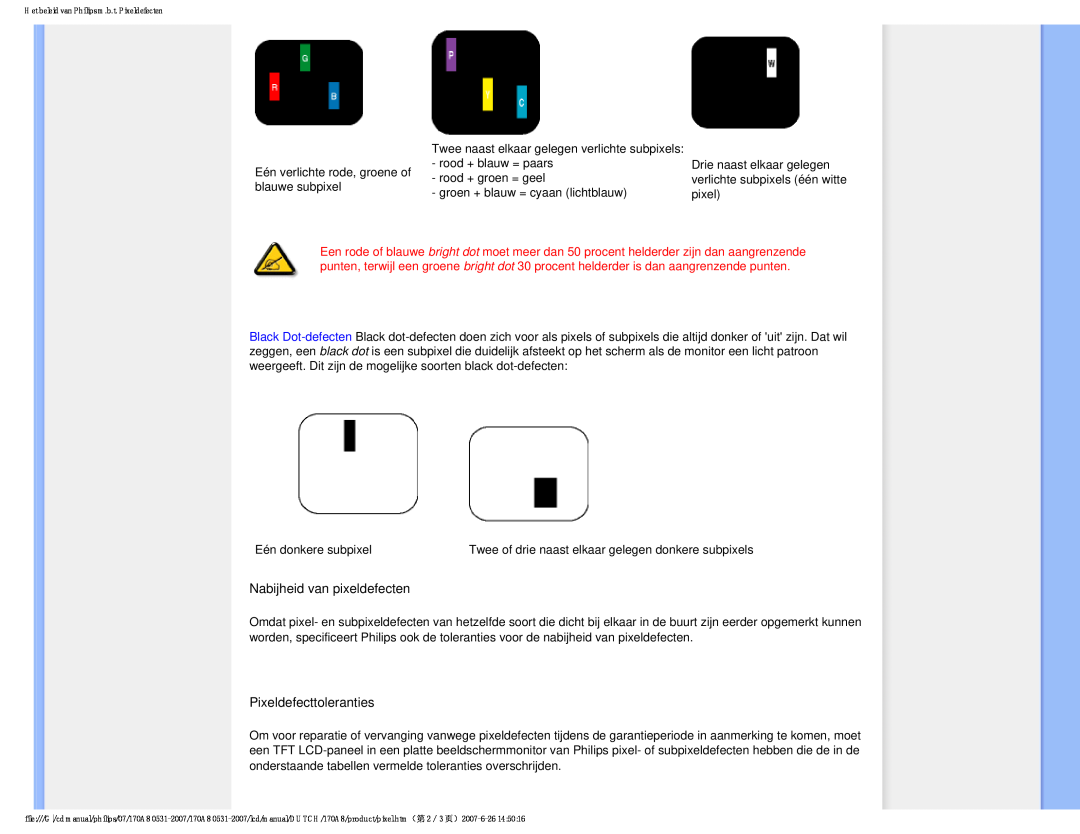 Philips 170A8 user manual Nabijheid van pixeldefecten, Pixeldefecttoleranties 