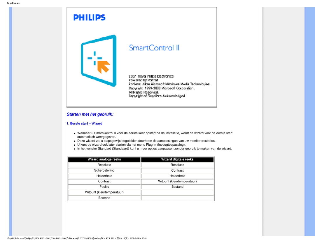 Philips 170A8 user manual Starten met het gebruik, Eerste start - Wizard 