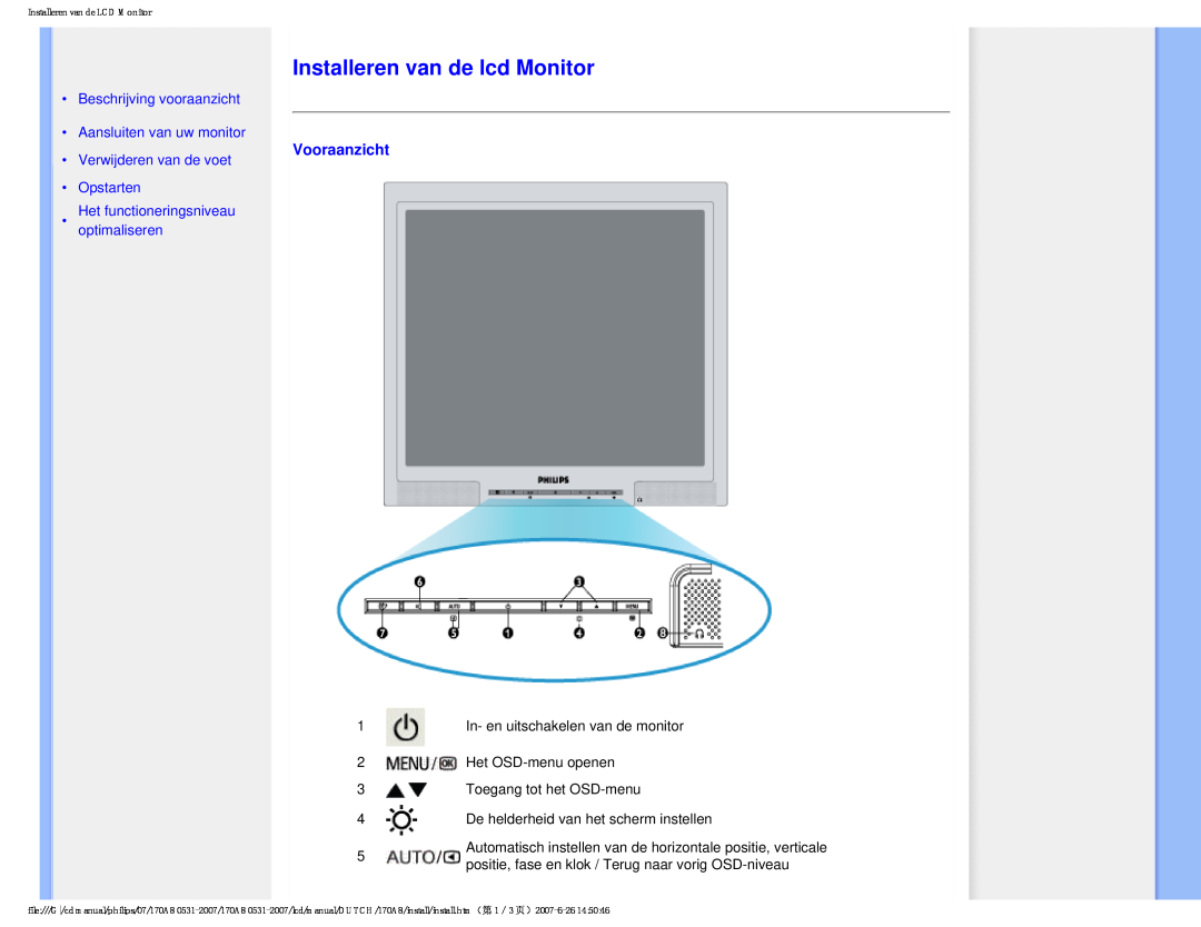 Philips 170A8 user manual Installeren van de lcd Monitor, Vooraanzicht, Beschrijving vooraanzicht Aansluiten van uw monitor 