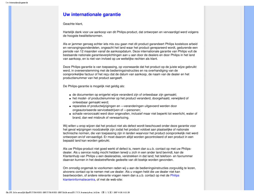 Philips 170A8 user manual Uw internationale garantie, klanteninformatiecentra, of met de web-site 