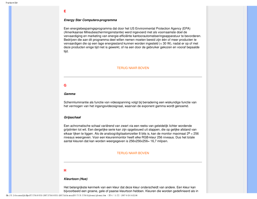 Philips 170A8 user manual Energy Star Computers-programma, Gamma, Grijsschaal, Kleurtoon Hue 