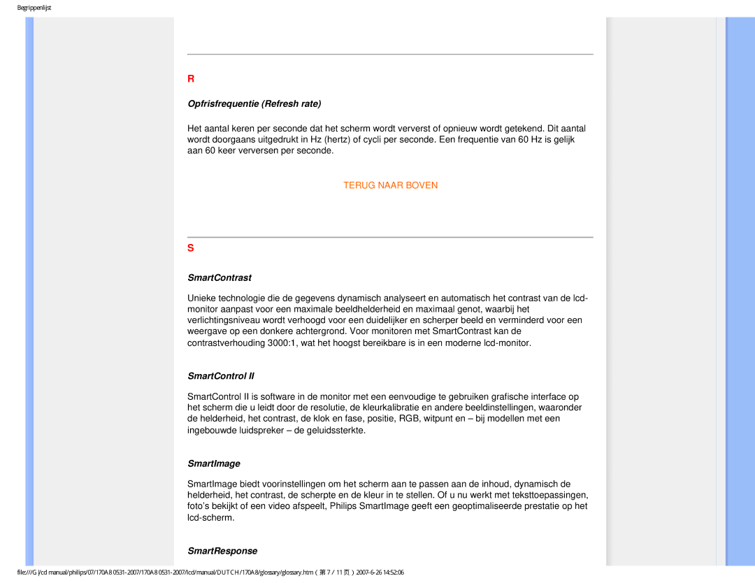 Philips 170A8 user manual Opfrisfrequentie Refresh rate, SmartContrast, SmartControl, SmartImage, SmartResponse 