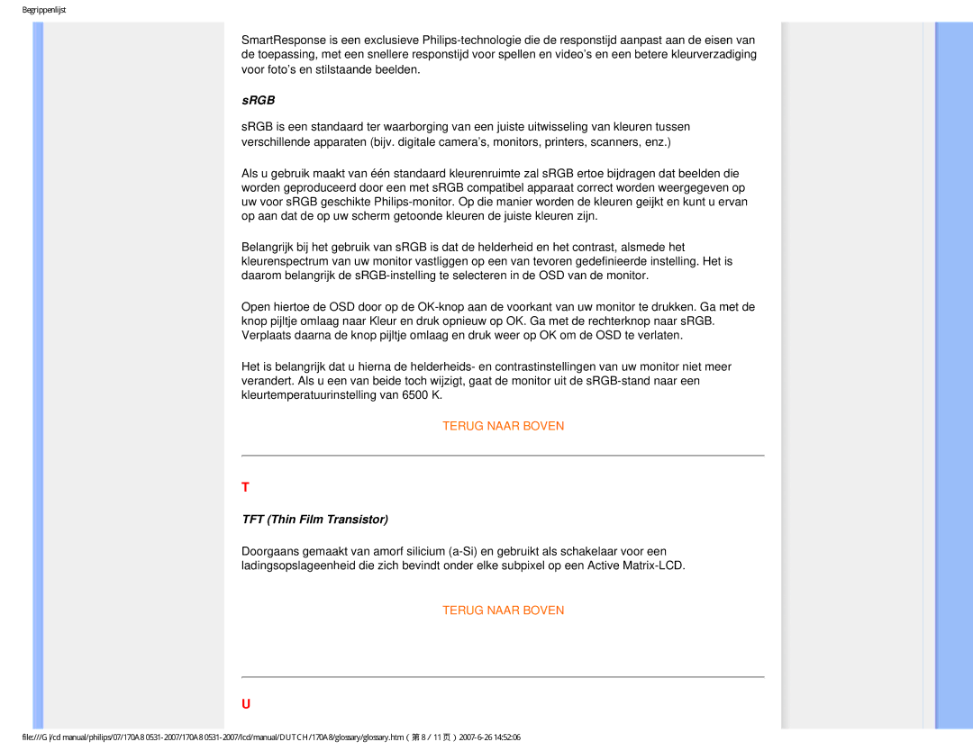 Philips 170A8 user manual Srgb, TFT Thin Film Transistor 