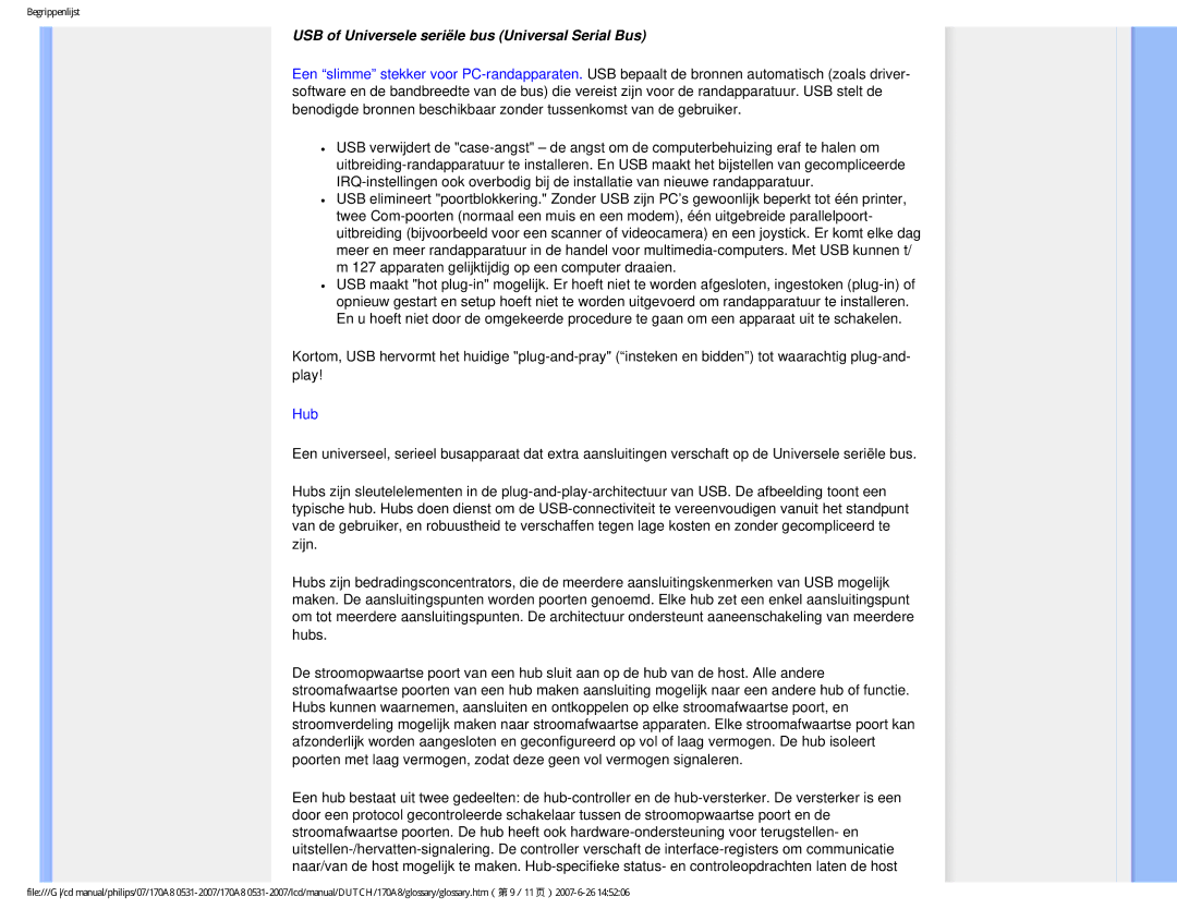 Philips 170A8 user manual USB of Universele seriële bus Universal Serial Bus, Hub 