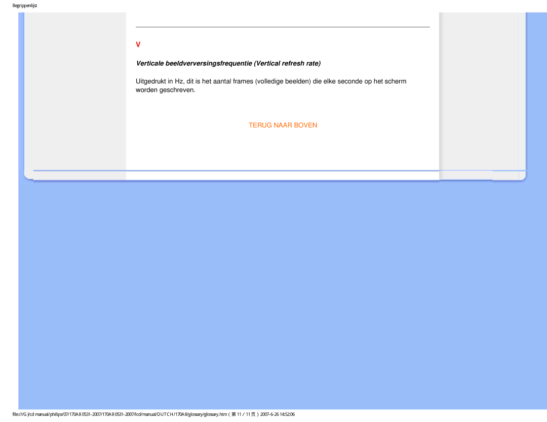 Philips 170A8 user manual Verticale beeldverversingsfrequentie Vertical refresh rate 