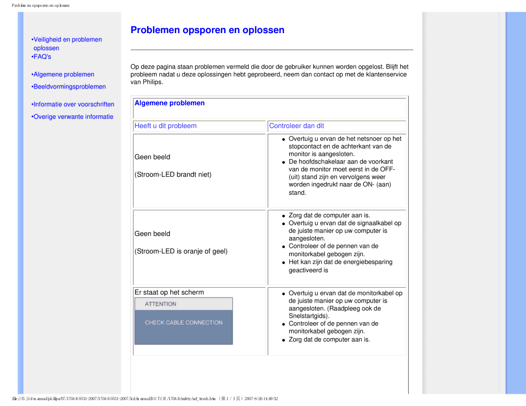 Philips 170A8 user manual Problemen opsporen en oplossen, Algemene problemen 