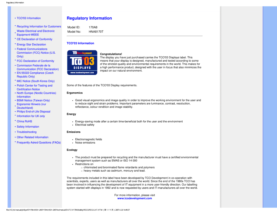 Philips 170A8 user manual Regulatory Information, TCO03 Information 