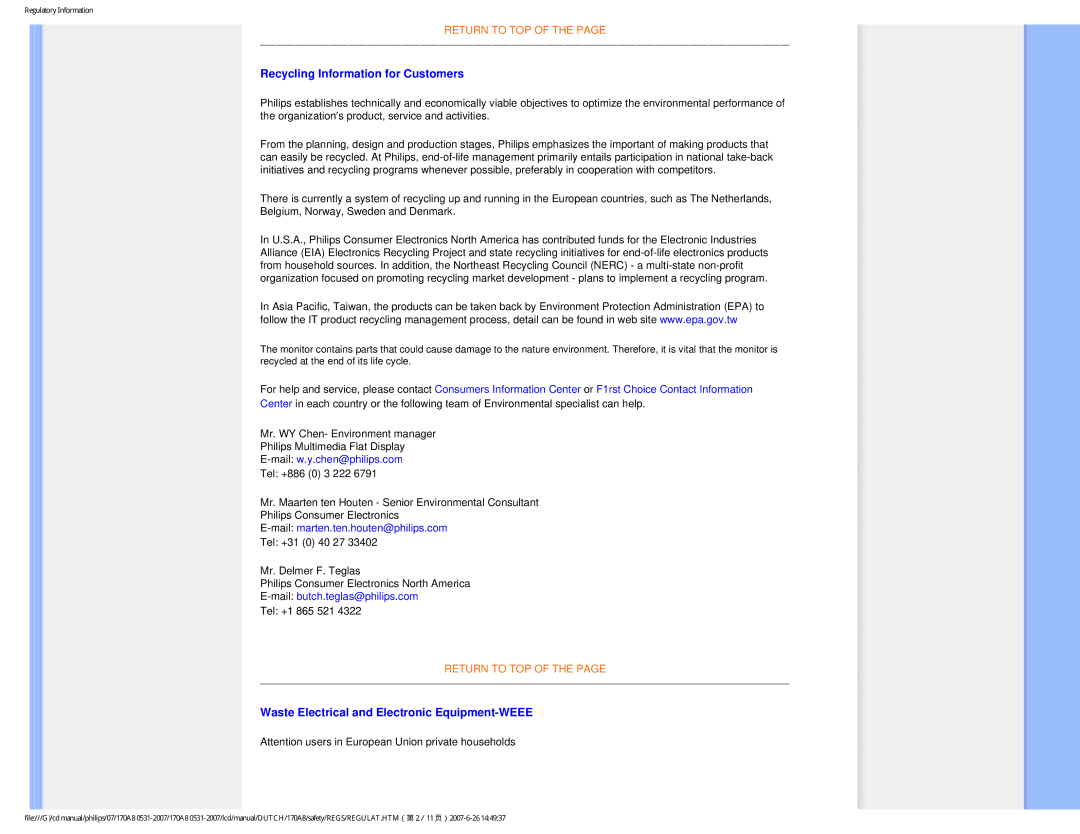 Philips 170A8 user manual Recycling Information for Customers, Waste Electrical and Electronic Equipment-WEEE 