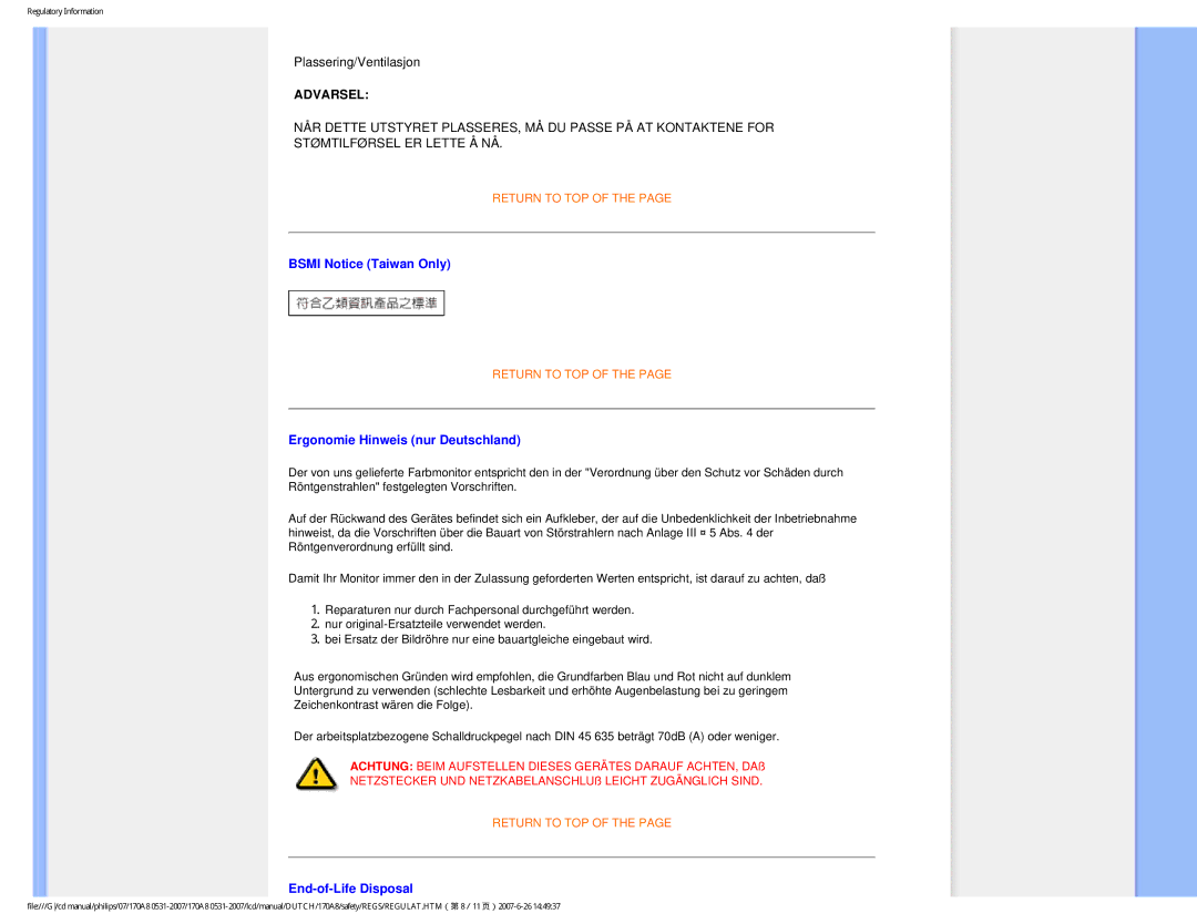 Philips 170A8 user manual Bsmi Notice Taiwan Only, Ergonomie Hinweis nur Deutschland, End-of-Life Disposal 