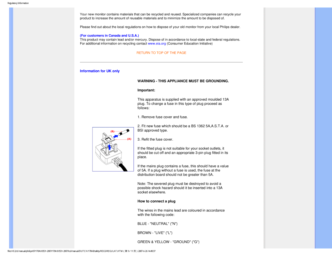 Philips 170A8 user manual Information for UK only, For customers in Canada and U.S.A 