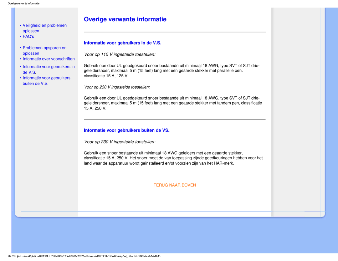 Philips 170A8 Overige verwante informatie, Informatie voor gebruikers in de V.S, Informatie voor gebruikers buiten de VS 