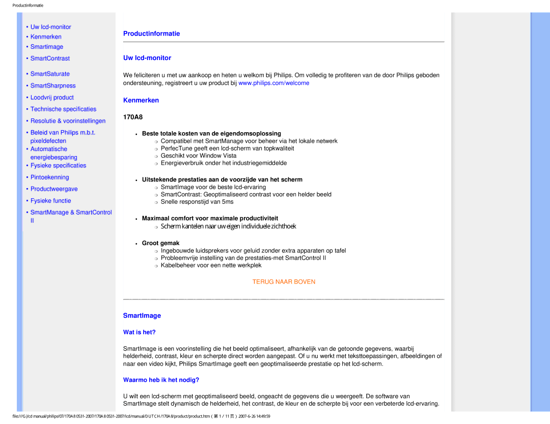 Philips 170A8 user manual Productinformatie Uw lcd-monitor Kenmerken, SmartImage 