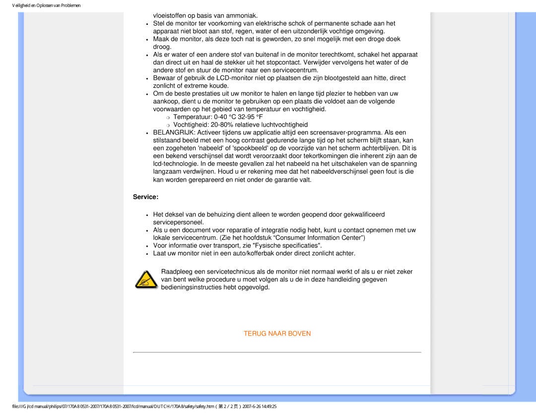 Philips 170A8 user manual Vloeistoffen op basis van ammoniak, Service 