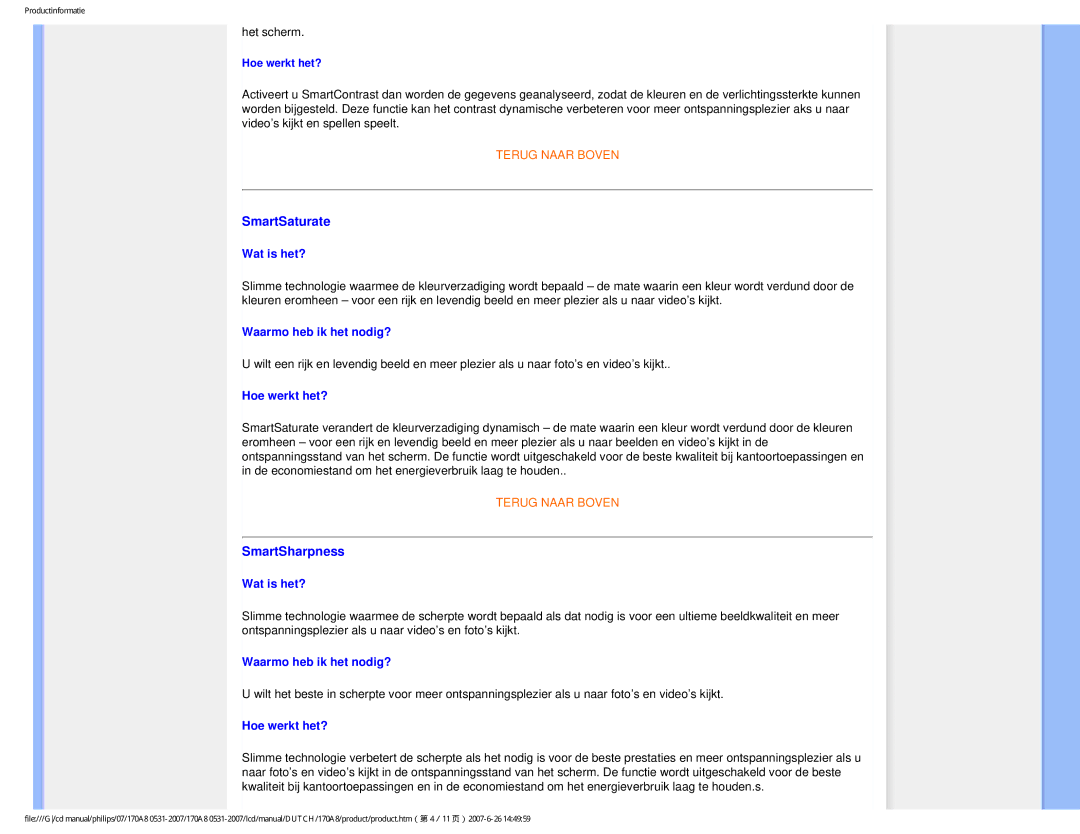 Philips 170A8 user manual SmartSaturate, SmartSharpness, Hoe werkt het? 