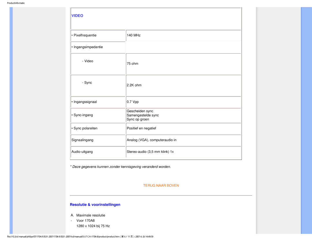 Philips 170A8 user manual Video, Resolutie & voorinstellingen 