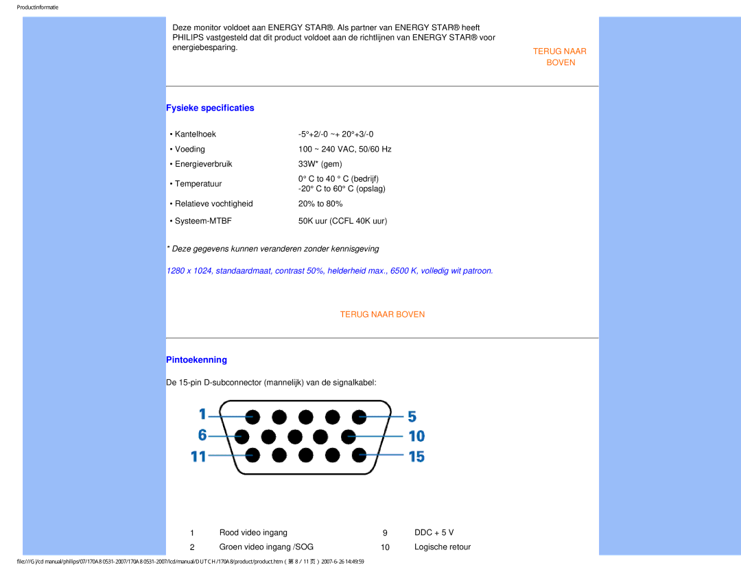 Philips 170A8 user manual Fysieke specificaties, Pintoekenning 