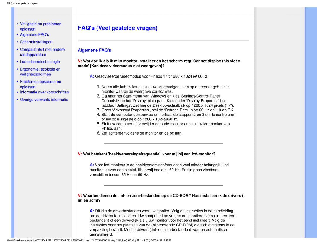 Philips 170A8 user manual FAQs Veel gestelde vragen, Algemene FAQs 