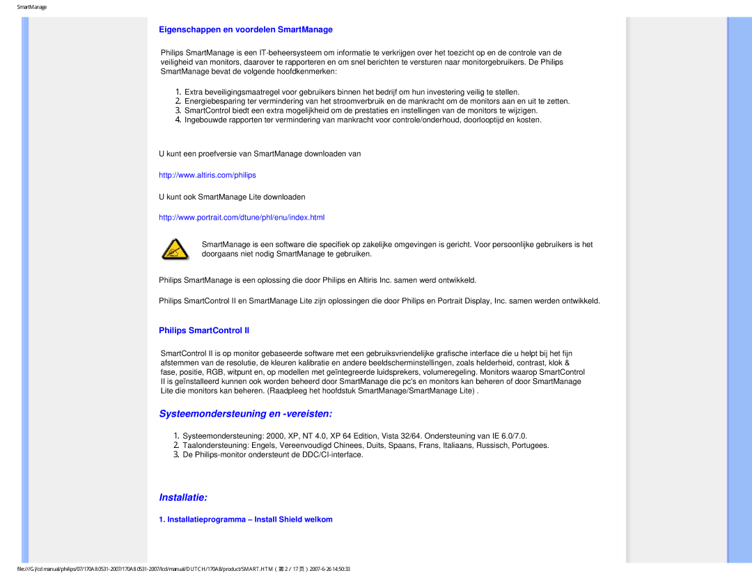 Philips 170A8 user manual Eigenschappen en voordelen SmartManage, Installatieprogramma Install Shield welkom 