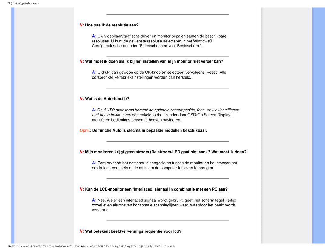 Philips 170A8 Hoe pas ik de resolutie aan?, Wat is de Auto-functie?, Wat betekent beeldverversingsfrequentie voor lcd? 