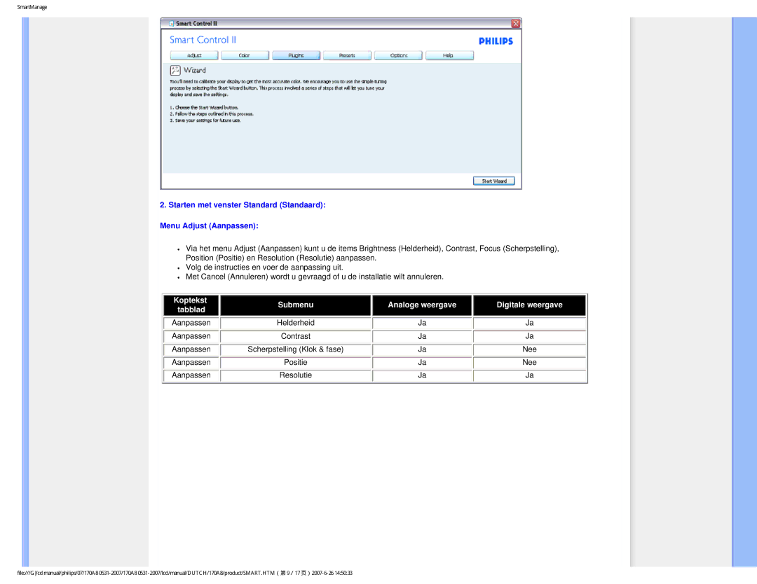 Philips 170A8 user manual Starten met venster Standard Standaard Menu Adjust Aanpassen 