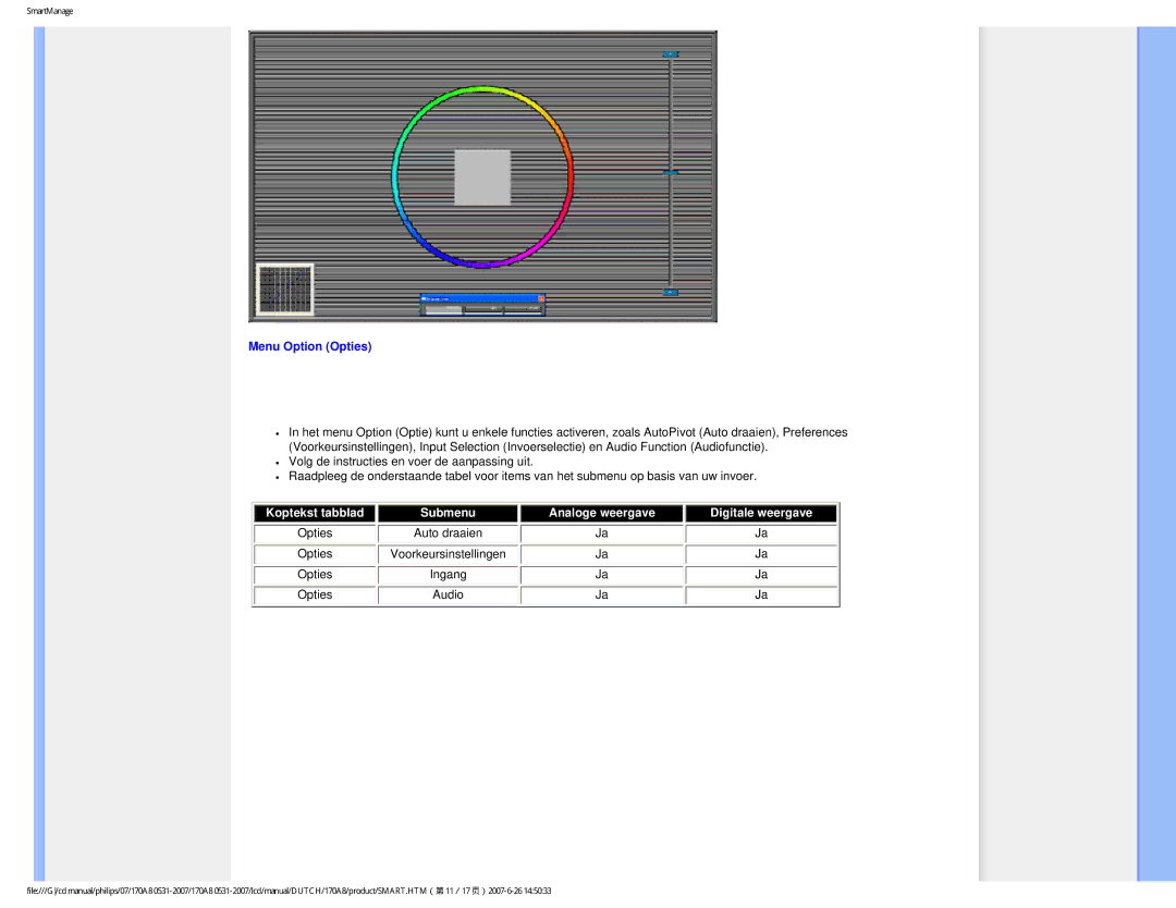 Philips 170A8 user manual Menu Option Opties, Opties Voorkeursinstellingen Ingang 